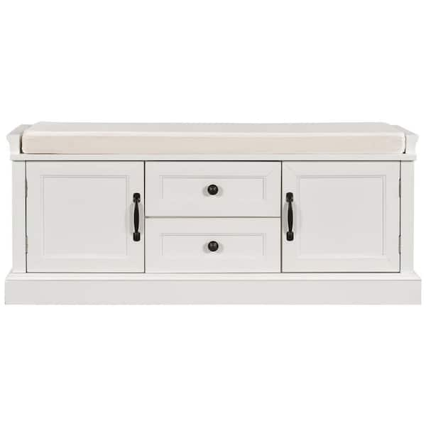 Seafuloy White 42.5 in. L x 15.9 in. W x 17.5 in. H Wooden Storage Bench w/2-Drawers and 2 Cabinets w/Removable Velvet Cushion