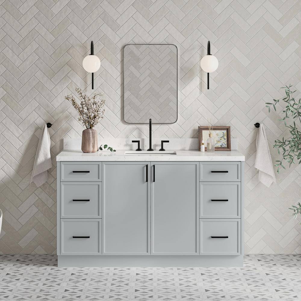 Gray Solid Wood Single Sink Bathroom Vanity with Carrara Quartz Top