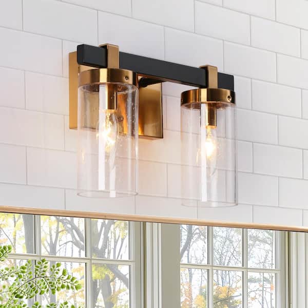 Vintage 12 in. 2-Light Black Vanity Light, Plating Brass Wall Sconce with Seeded Glass for Vanity Mirrors, Bath Light