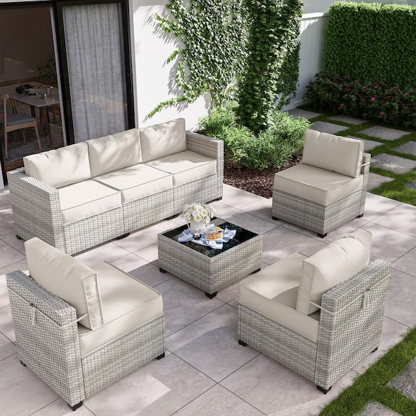 Kimunuk 7-Piece Wicker Outdoor Sectional Set with Cream Cushion