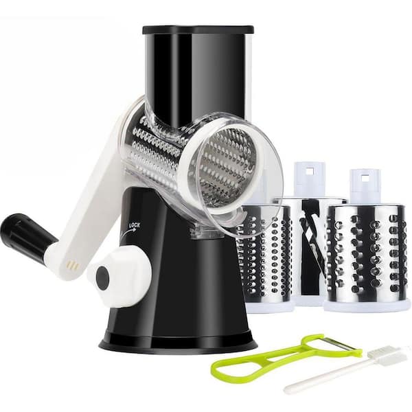 Black Rotary Cheese Grater with Hand Crank and 3 Drum Blades for Shredding Cheese, Vegetables, Nuts, Chocolate