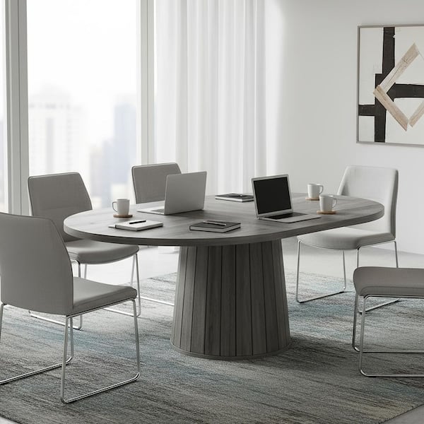 Moronia 55.12 in. Oval Grey Wood Conference Table Meeting Room Table Office Desk Seat 6