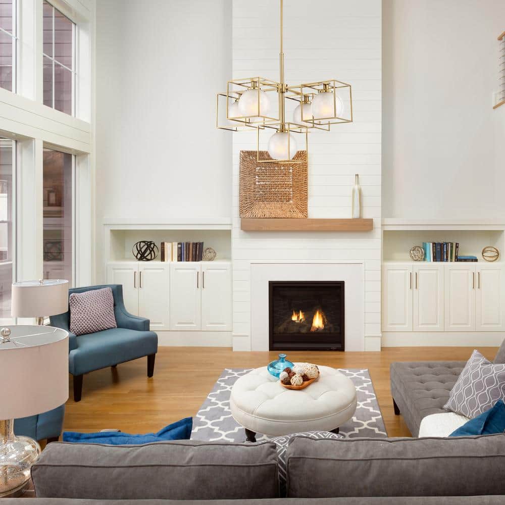 Brushed Gold Cube Frame Chandelier with Globe Shades