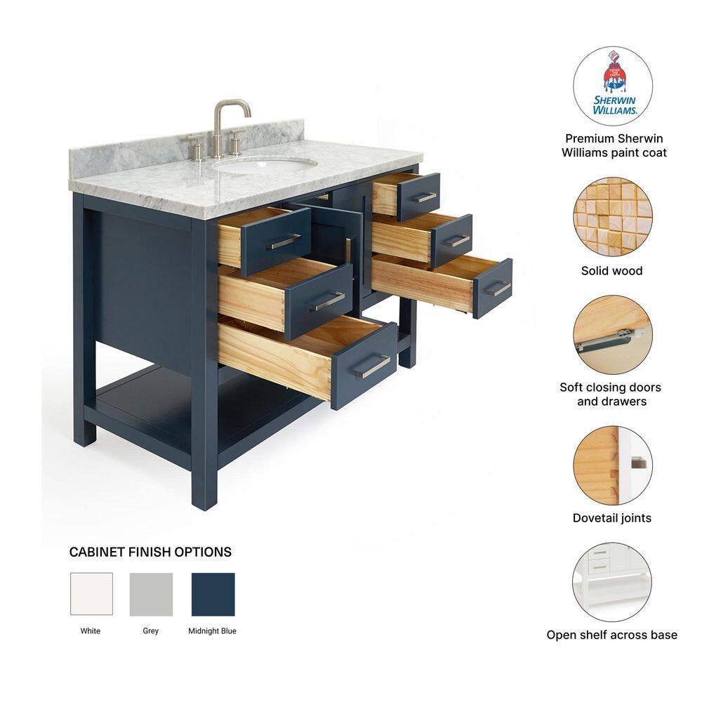 Midnight Blue Solid Wood Bath Vanity with White Marble Top