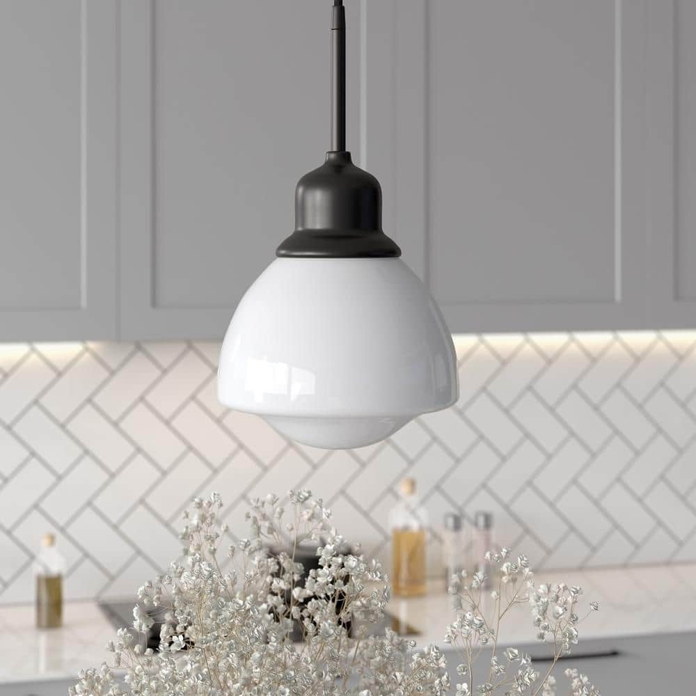 Brooks Transitional Blackened Bronze Drum Pendant with White Milk Glass