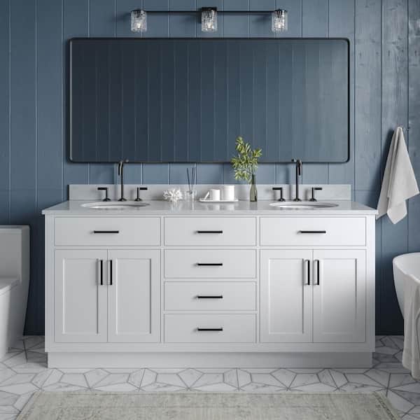 ARIEL Hepburn 73 in. W x 22 in. D x 35.25 in. H Bath Vanity in White with Carrara Marble Vanity Top in White with White Basins