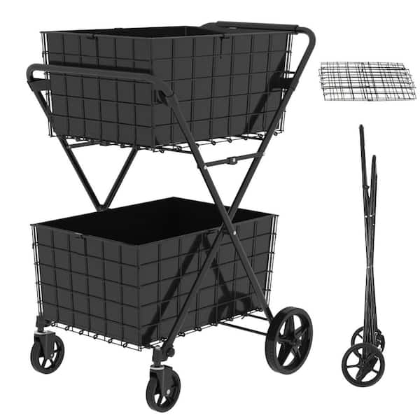 2 Layers Foldable Utility Grocery Cart, Serving Cart with Double Basket and 360° Rolling Swivel Wheels