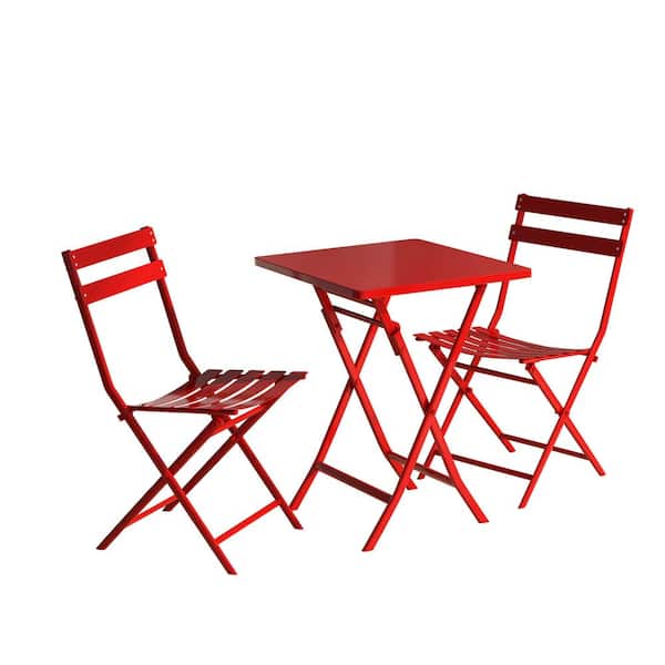 Sudzendf Red 3-Piece Metal Patio Outdoor Bistro Set of Foldable Square Table and Chairs