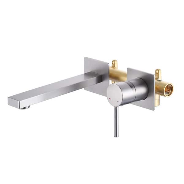 Solid Brass Single Handle Wall Mounted Faucet with Rough-In Valve in Brushed Nickel