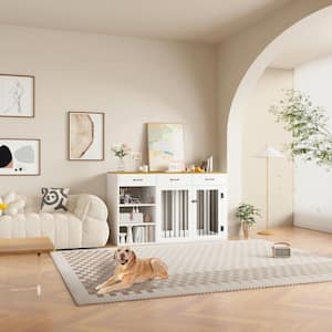Large Dog Crate Furniture, Indoor Pet Crate End Table Decorative Dog Kennel Dog Cage with 3-Drawers and 3-Shelves, White