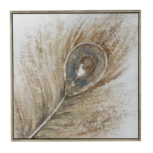 Benjara Blue, Brown and Gold Wooden Framed Peacock Feather Painting Handpainted Wall Art