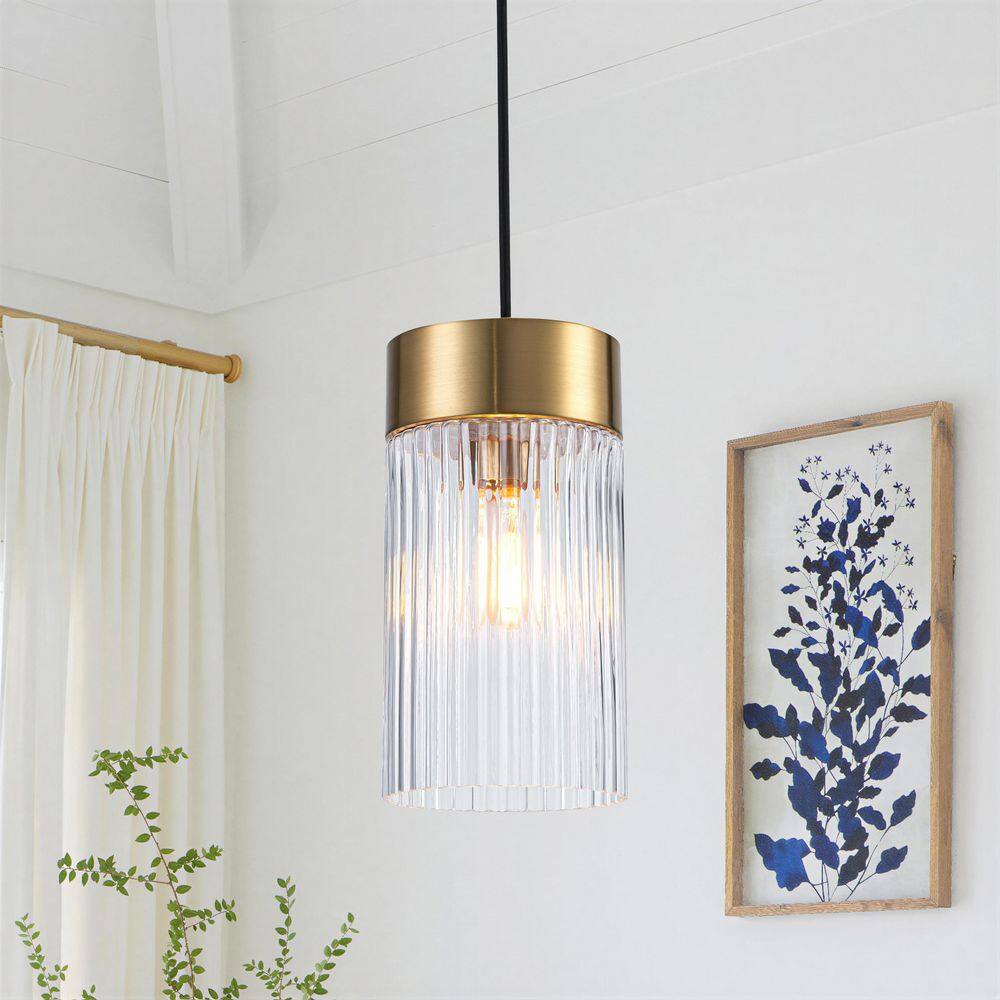 1-Light Brass Cylinder Kitchen Island Pendant Light with Ribbed Glass Shade price history on PriceWatchPro