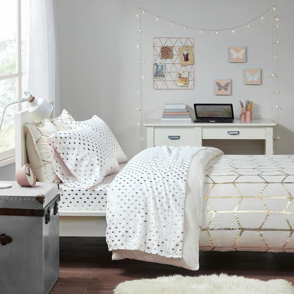 Metallic Dot 4-Piece White/Gold Microfiber Full Printed Sheet Set