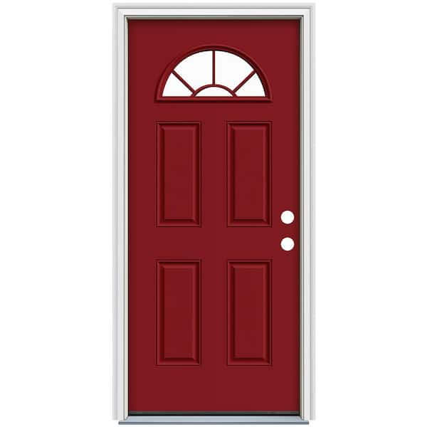 34 in. x 80 in. Fan Lite Cranberry Red Painted Steel Prehung Left-Hand Inswing Front Door with Brickmould
