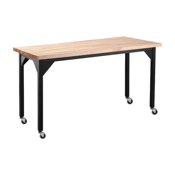 National Public Seating Heavy Duty Height Adjustable Table with Casters 30 in. x 72 in. Black Frame Butcher Block Top