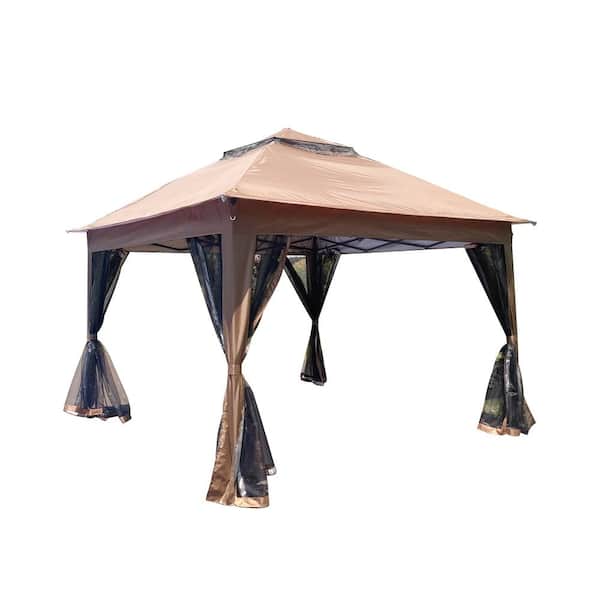 Tenleaf 11 ft. x 11 ft. Brown Pop Up Gazebo Canopy with Removable Zipper Netting, 2-Tier Soft Top Event Tent