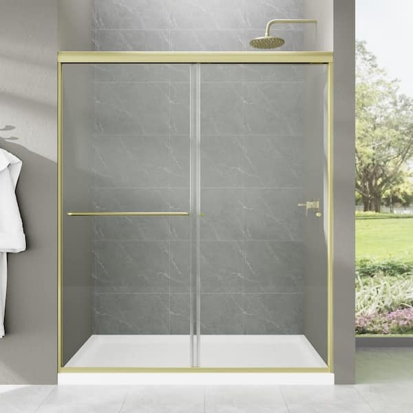 60 in. W x 70 in. H Pivot Semi-Frameless Shower Door in Brushed Gold Finish with Tempered Glass