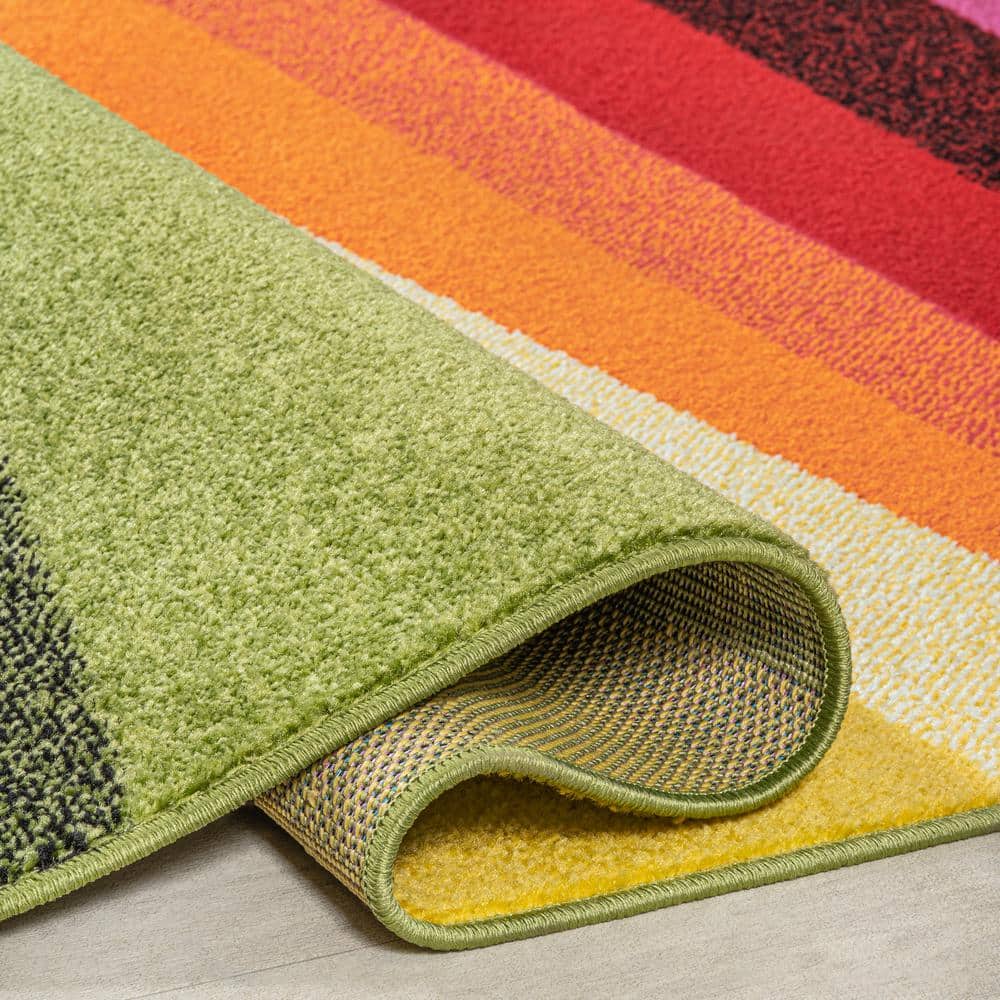Colorful Geometric Striped Blue Synthetic Kids' 4' x 6' Rug