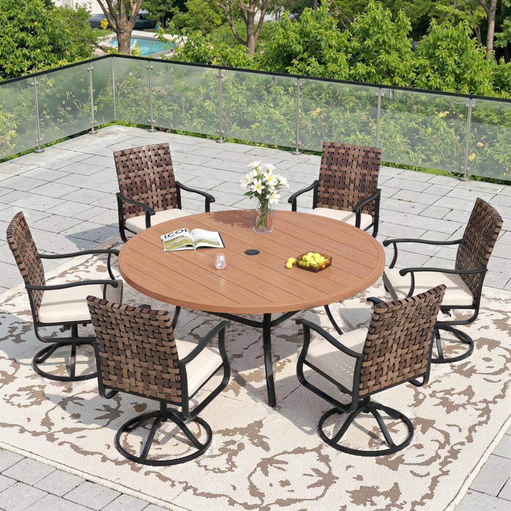 7-Piece Metal Outdoor Patio Dining Set with 6 Swivel Wicker Chairs, Beige Cushions and 50 in. Walnut Round Table price history on PriceWatchPro