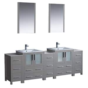 Torino 84 in. Double Vanity in Gray with Ceramic Vanity Top in White with White Basins, Side and Middle Cabinet, Mirrors