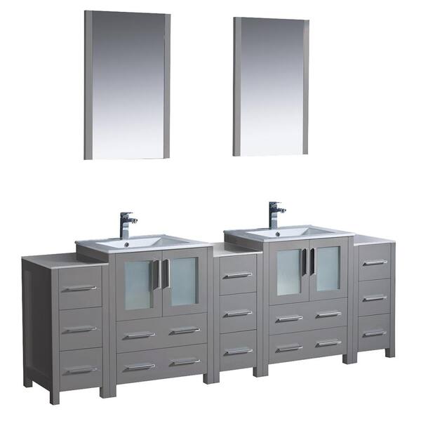Fresca Torino 84 in. Double Vanity in Gray with Ceramic Vanity Top in White with White Basins, Side and Middle Cabinet, Mirrors