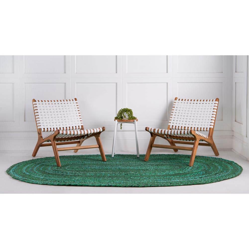 Handmade Eco-Conscious Braided Cotton 3x5 Oval Rug in Green and Turquoise