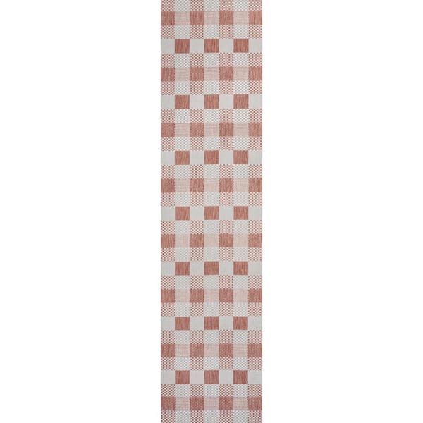 Darcy Salmon/Cream 2 ft. x 8 ft. Traditional Geometric Bold Gingham Indoor/Outdoor Runner Rug