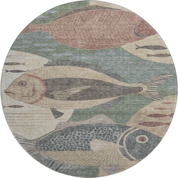 Mayfield Premium Machine Washable Abstract AMF2447 Basil 8 ft. x 8 ft. Round Rug
