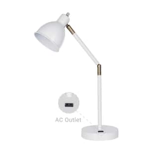 23 in. White Mid-Century Modern Desk Lamp with Power Outlet and LED Bulb included