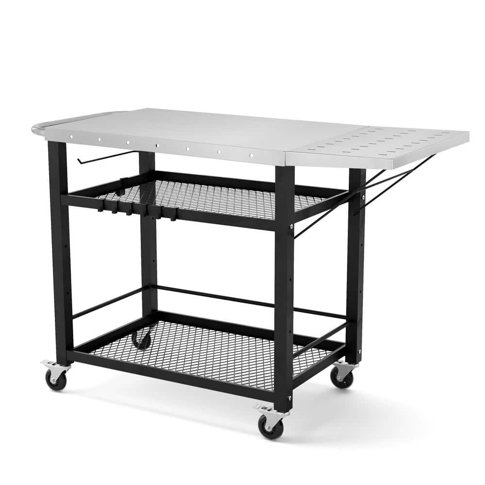 Black 3-Tier Stainless Steel Outdoor Grill Cart with Wheels