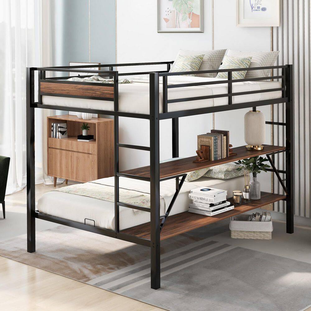 GODEER Black Full Over Twin/Full Metal Bunk Bed with Shelves ...