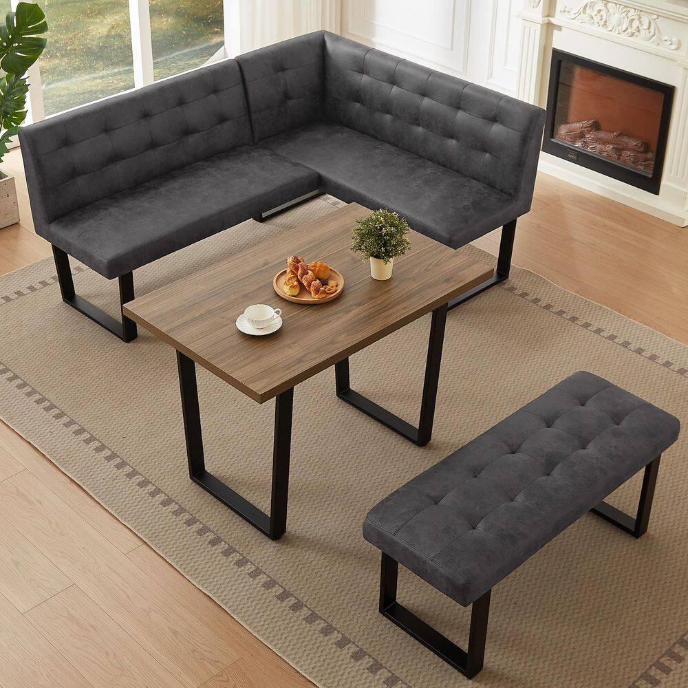 GOJANE 3-Piece Gray Dining Table Set 47.2 in. Rectangle Walnut Table ...