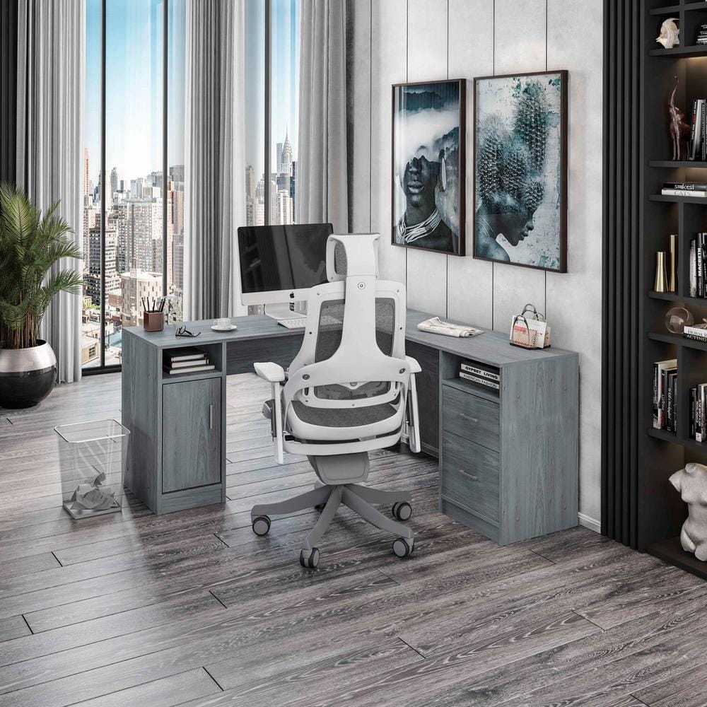 Ergonomic Gray L-Shaped Gaming Desk with Storage and Filing Cabinet
