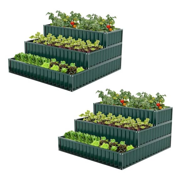 HONEY JOY Green Metal 3-Tier Raised Garden Bed Outdoor Elevated Planter Box (2-Pack)