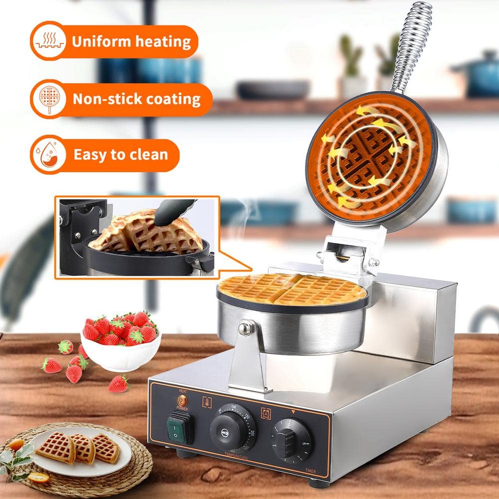 1300-Watt Silver Stainless Steel Belgian Waffle Maker with Adjustable Temperature and Timer