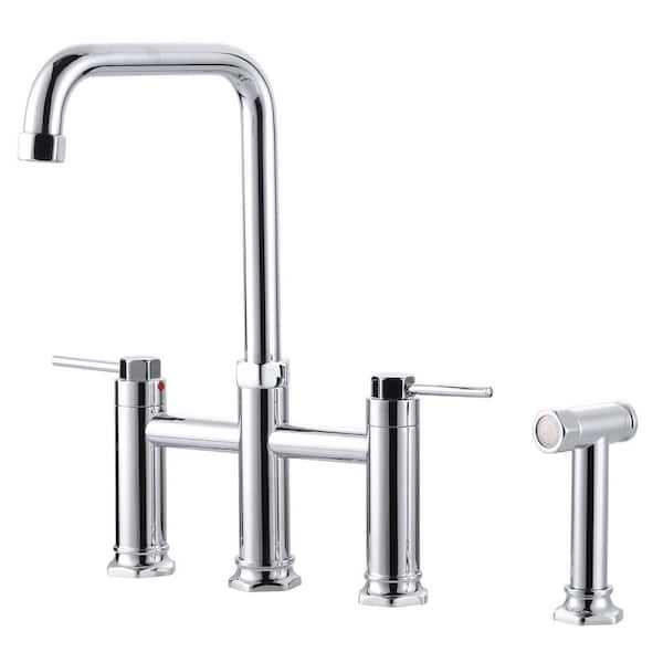 Double Handle Bridge Kitchen Faucet with Side Sprayer in Polished Chrome