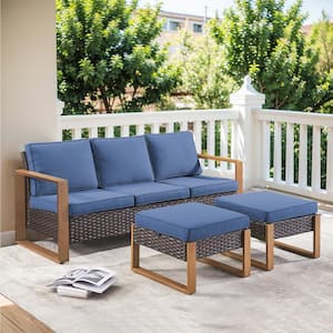 Allcot Brown 4-Piece Wicker Patio Couch Outdoor Sectional Sofa Set with Deep Seating and Blue Cushionswith Ottomans