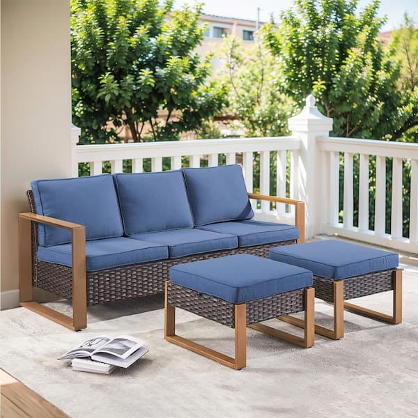 Gymojoy Allcot Brown 4-Piece Wicker Patio Couch Outdoor Sectional Sofa Set with Deep Seating and Blue Cushionswith Ottomans