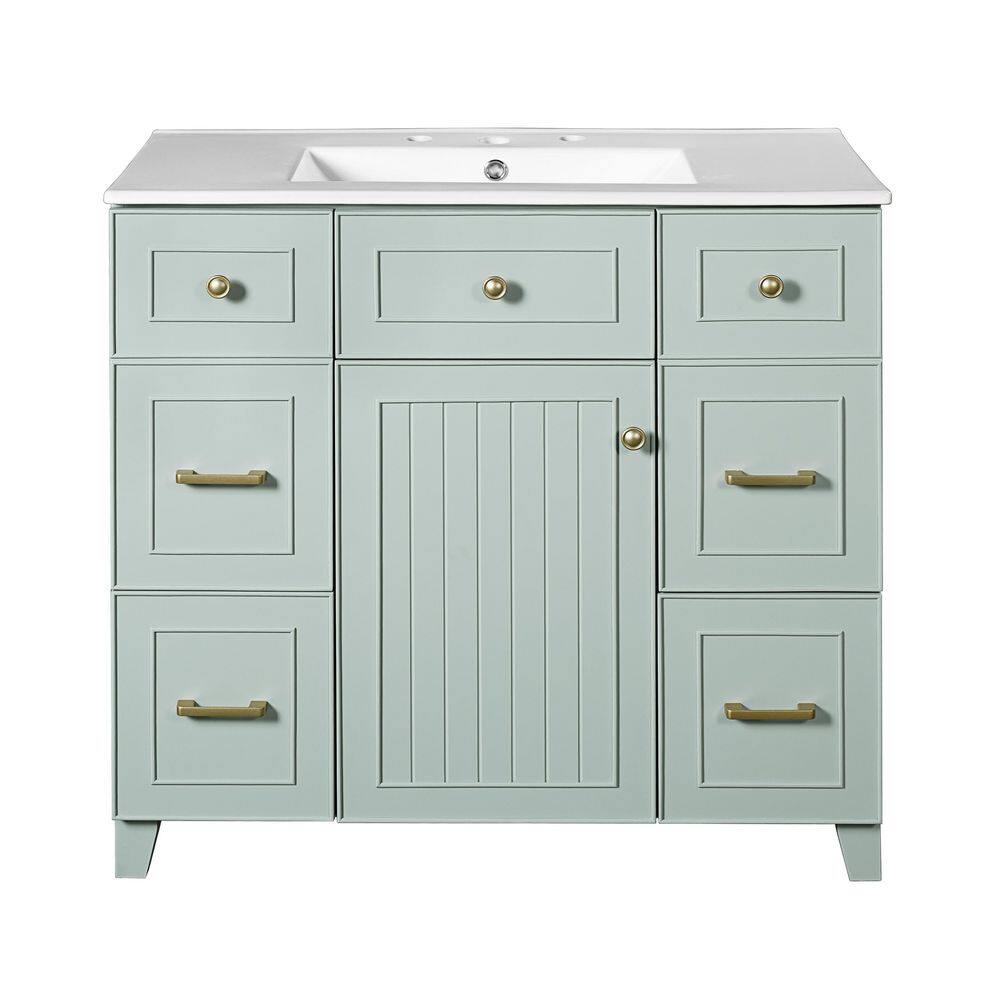 36 in. Single Sink Freestanding Green Bath Vanity with White Ceramic Top, Adjustable Shelf, Double-Layer Drawers price history on PriceWatchPro