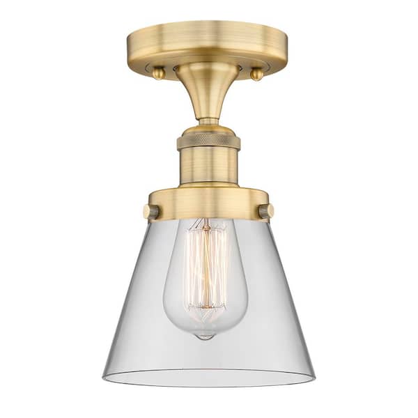 Cone 6.25 in. 1-Light Brushed Brass Art Nouveau Semi-Flush Mount with Clear Glass Shade