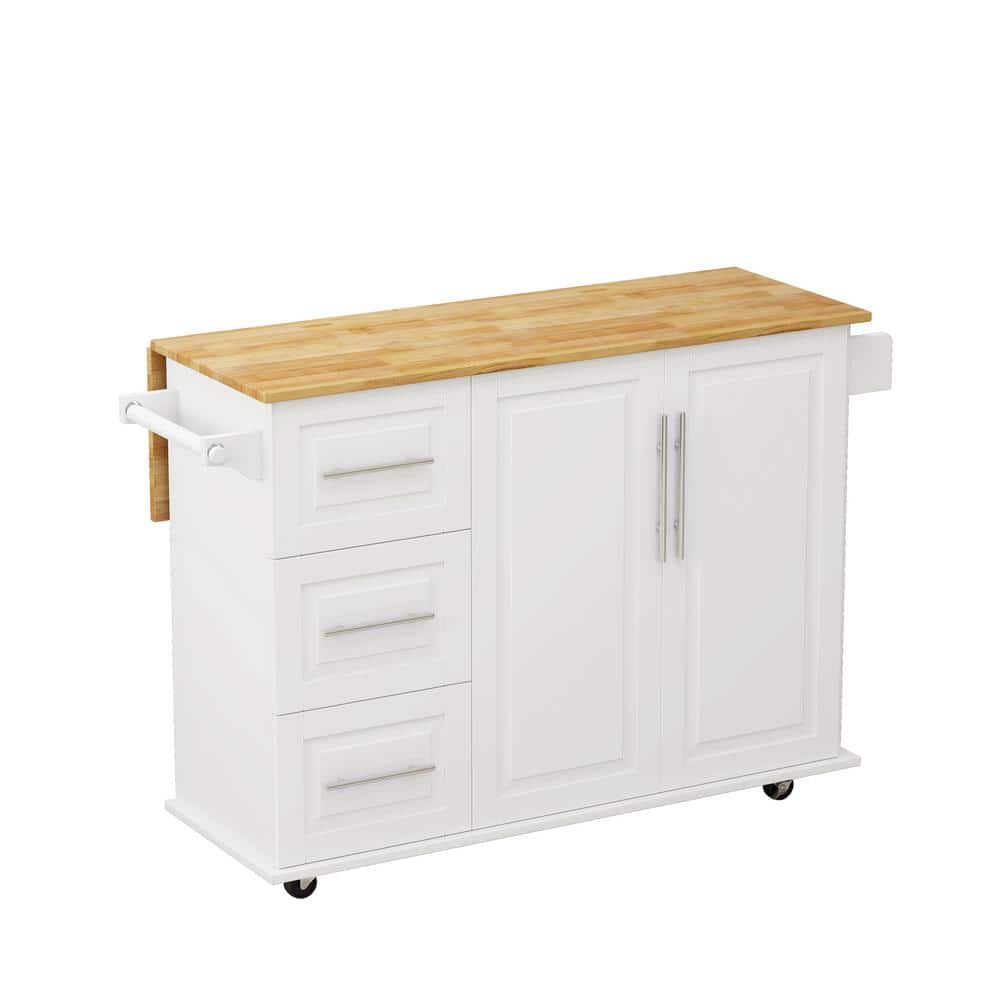White Wood 51.96 in. Kitchen Island with 2 Door Cabinet and Three Drawers, 