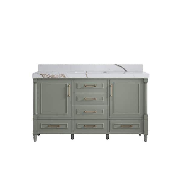 Willow Collections Hudson 60 in. W x 22 in. D x 36 in. H Single Sink Bath Vanity in Evergreen with 2 in. Calacatta Gold Quartz Top