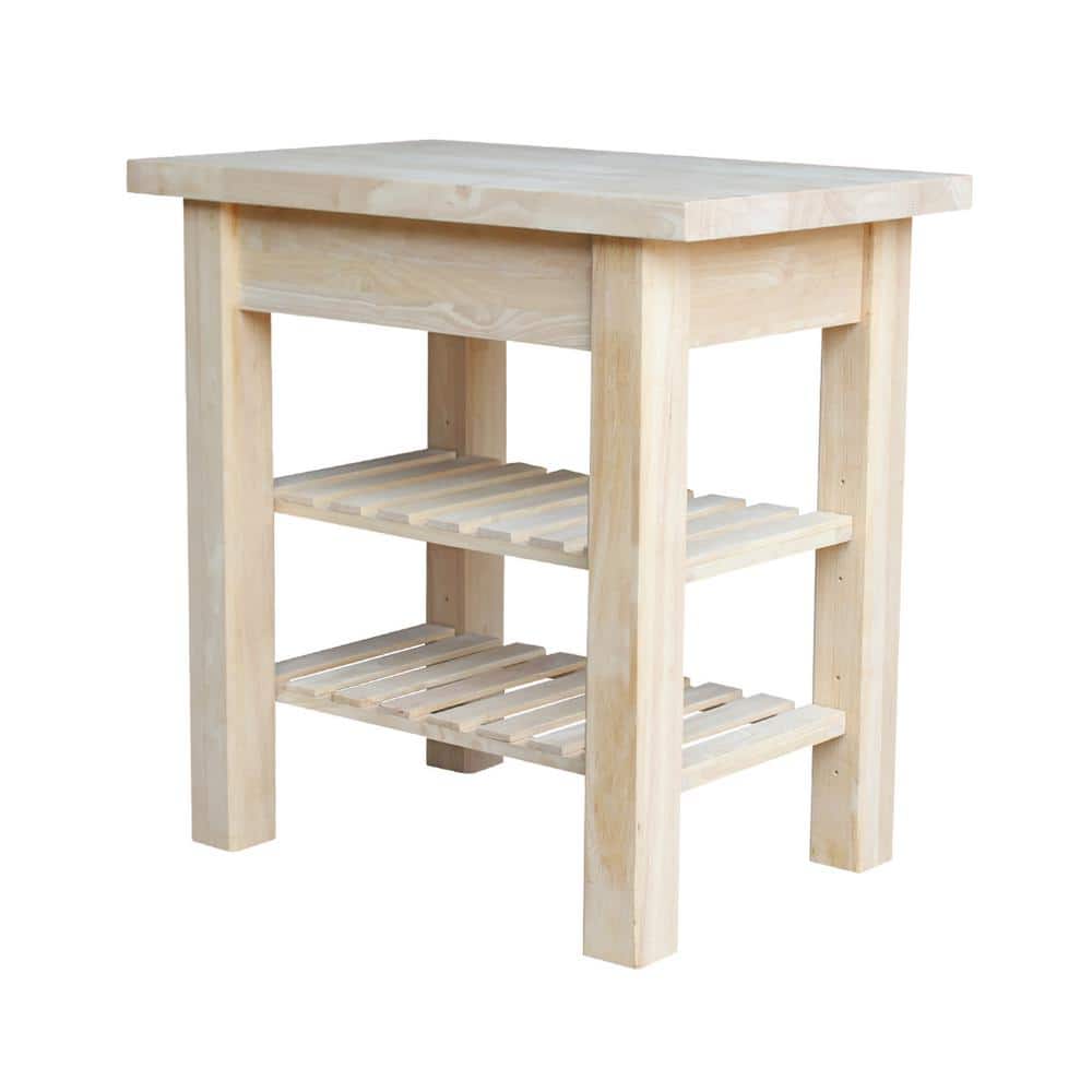 Natural Unfinished Parawood Kitchen Island with Drawer and Shelves