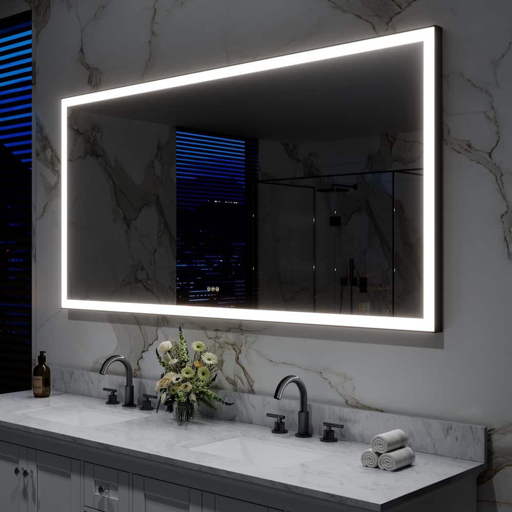 72 in. W x 36 in. H Large Rectangular Framed Anti-Fog Wall Mounted LED Bathroom Vanity Mirror in Matte Black with Light price history on PriceWatchPro