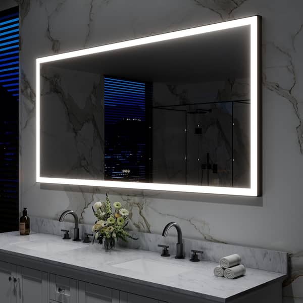 72 in. W x 36 in. H Large Rectangular Framed Anti-Fog Wall Mounted LED Bathroom Vanity Mirror in Matte Black with Light