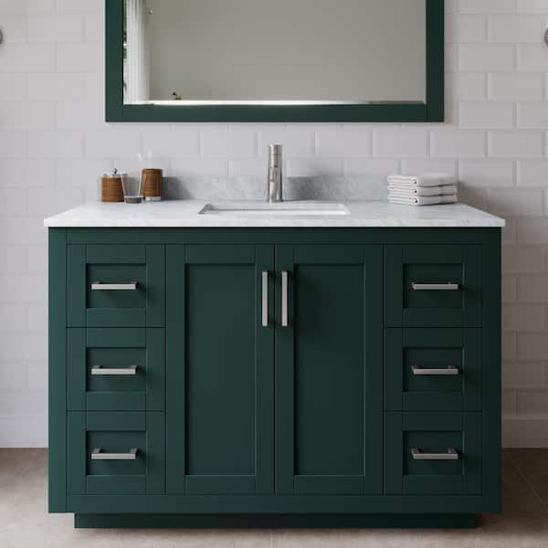 Wyndham Collection Miranda 48 in. W x 22 in. D x 33.75 in. H Single Sink Bath Vanity in Green with White Carrara Marble Top and Mirror