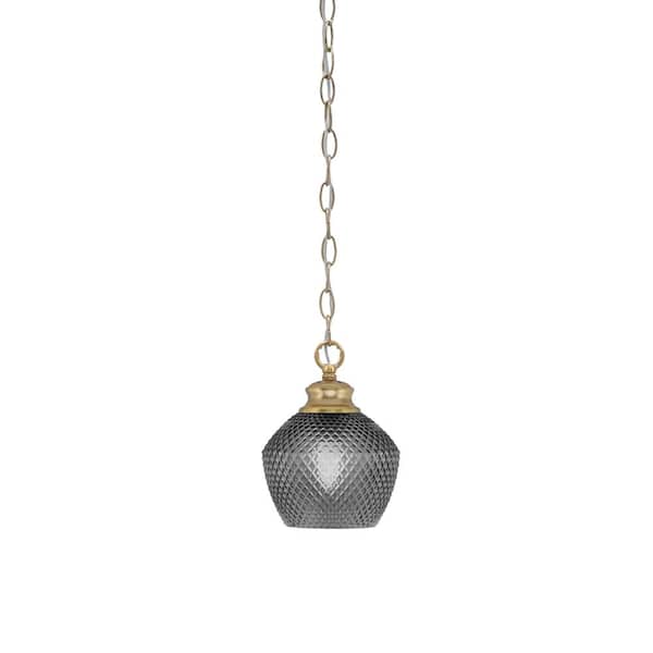 Unbranded Tyler 60-Watt 1-Light New Age Brass Chain Mini Pendant Light with Smoke Textured Glass Shade