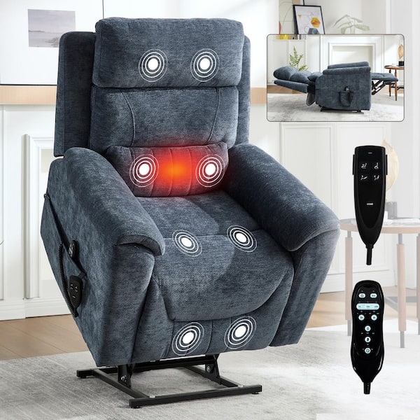 Blue Dual Motor Chenille Power Lift Recliner Chair with 8-Point Vibration Massage&Heating, Up to 350 LBS
