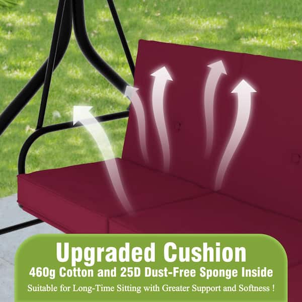 3-Person Metal Patio Swing with Converting and Adjustable Canopy and UV Resistant Cushions in Red