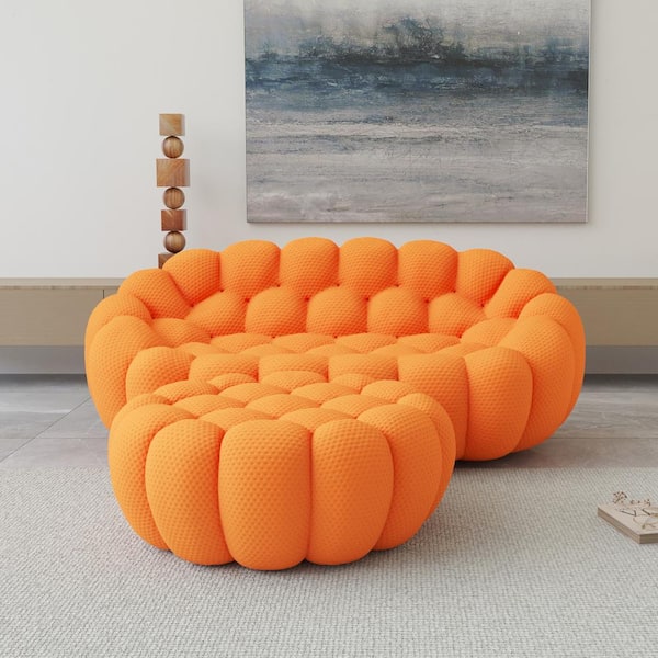 (Set of 2) Bubble Couch, 78 in. Oranage Mesh Fabric Armless Curved Sectional Sofa Set Floor Loveseat with Ottoman